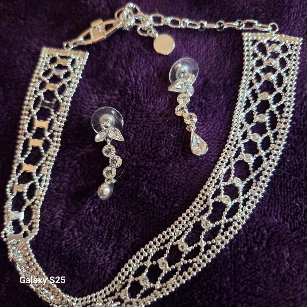 Givenchy Silver-Tone Crystal Lace Statement Choker Necklace and Drop Earrings Se